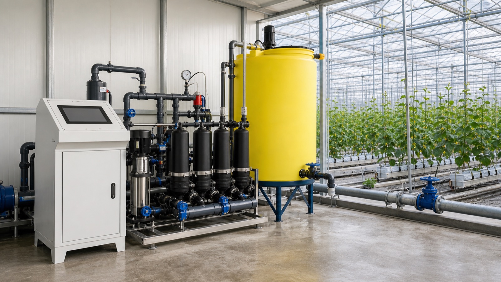 Smart fertigation station with control cabinet, filtration, and fertiliser mixing tank feeding greenhouse crops