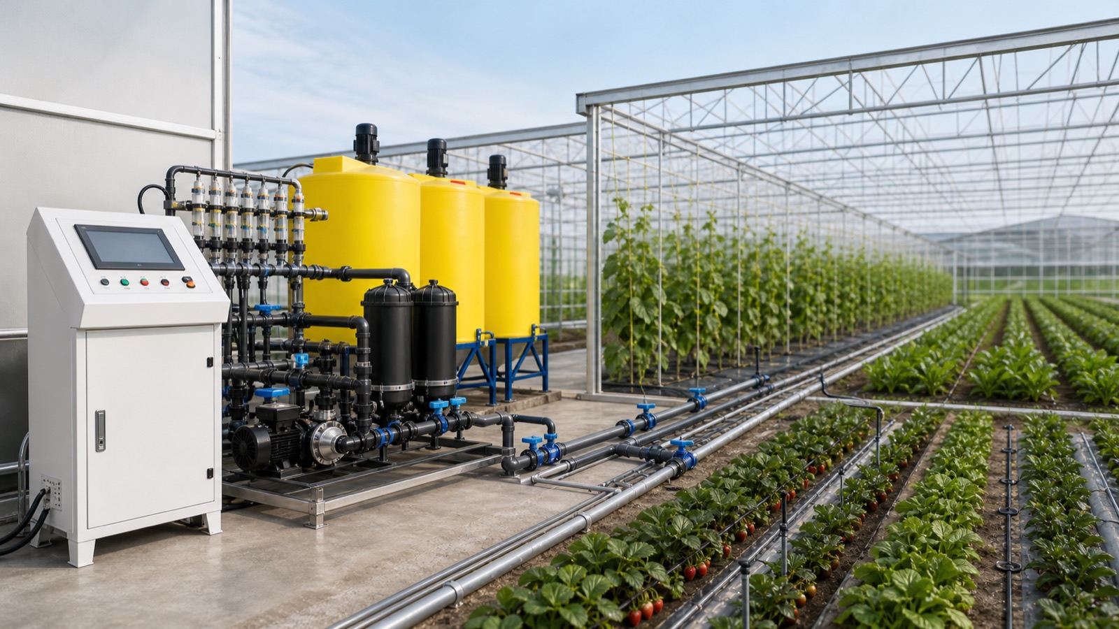 Modular fertigation station with parallel fertiliser tanks and filtration feeding a greenhouse of strawberries and vine crops