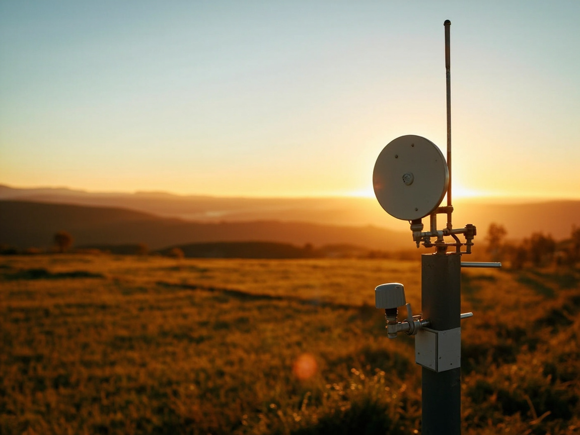Agricultural monitoring weather station and sensor post in a New Zealand paddock at dusk
